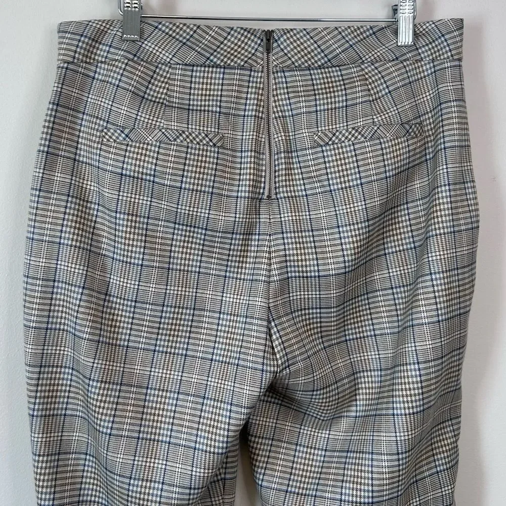 CAbi Tribute Khaki Blue Plaid Cropped Kick Flare Trousers Size 8